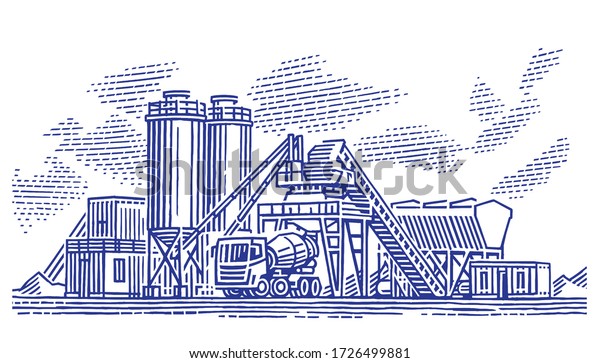 Concrete batching plant/cement mixing\
silo monochrome illustration, isolated,\
vector.