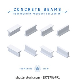 Concrete beams, isometric view. Set of icons for architectural designs. Vector illustration isolated on a white background in flat style. Construction products collection.