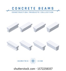 Concrete beams, isometric view. Set of icons for architectural designs. Vector illustration isolated on a white background in flat style. Construction products collection.
