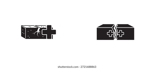 Concrete Block Repair and Structural Reinforcement Icons Showing Cracked Stone Being Fixed with Plus Symbols for Maintenance Construction Improvement and Masonry Restoration