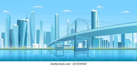 Concrete bridge with pillars and highway in futuristic skyline of modern city vector illustration. Panorama cityscape with constructions and skyscrapers, downtown district of metropolis background