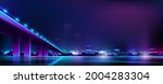 Concrete bridge stands over the water surface. Illustration of neon night city view.