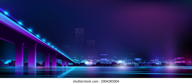 Concrete bridge stands over the water surface. Illustration of neon night city view.