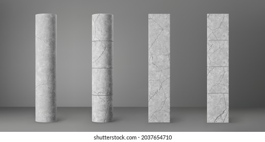 Concrete broken cylinder and square columns set with cracks isolated on grey background. Realistic old cement 3d pillar for modern room interior or bridge construction. Textured concrete pole base