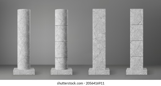 Concrete broken cylinder and square columns set with rectangular plinth and cracks isolated on grey background. Realistic old cement 3d pillar for modern room interior or bridge construction