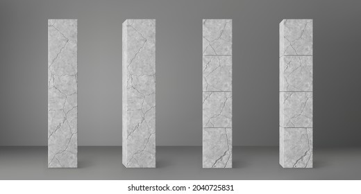 Concrete broken square columns set with cracks isolated on grey background. Realistic old cement 3d pillar for modern room interior or bridge construction. Textured concrete pole base for banners