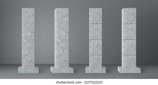 Concrete broken square columns set with rectangular plinth and cracks isolated on grey background. Realistic old cement 3d pillar for modern room interior or bridge construction. Concrete pole base