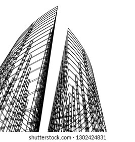 Concrete building construction, architectural design vector 3d illustration