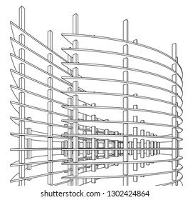 Concrete building construction, architectural design vector 3d illustration
