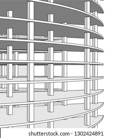 Concrete building construction, architectural design vector 3d illustration