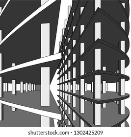 Concrete building construction, architectural design vector 3d illustration