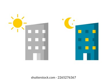 Concrete building with sun and moon stars in day and night time icon flat vector design