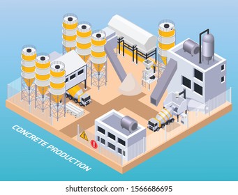 Concrete cement production isometric composition of text and above view of industrial site with factory buildings vector illustration svg