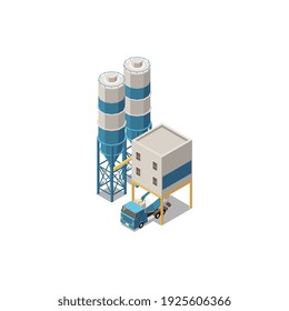 Composición isométrica de la producción de cemento concreto con ilustraciones vectoriales de equipos de extracción factoría