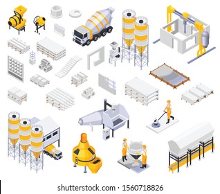 Concrete cement production isometric icons collection with isolated images of goods industrial facilities characters of workers vector illustration