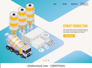 Concrete cement production isometric landing web site page with more info button clickable links and images vector illustration svg