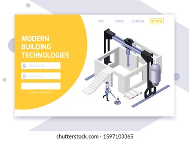 Concrete cement production isometric web site login page with fields for username password and clickable links vector illustration