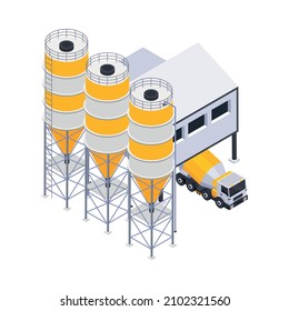 Concrete Cement Production Plant Isometric Icon With Machinery And Mixer Vehicle 3d Vector Illustration