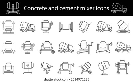 betão e cimento misturador ícones vetor isolado no fundo branco .