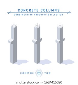 Concrete columns, isometric view. Set of icons for architectural designs. Vector illustration isolated on a white background in flat style. Construction products collection.