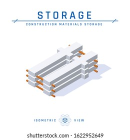 Concrete columns, storage concept, isometric view. . Set of icons for architectural designs. Vector illustration isolated on a white background in flat style. Construction products collection.