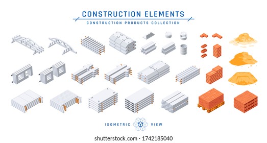 Concrete and construction elements set. Precast cement items for modular buildings, isometric view. Vector illustration isolated on a white background in flat style.