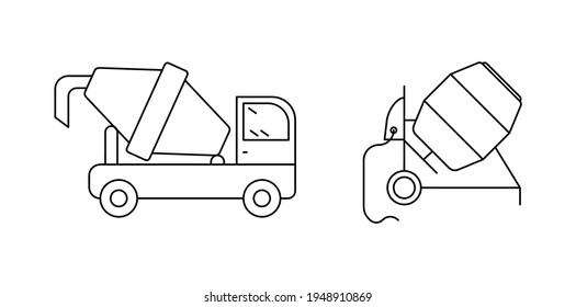Concrete converter and truck icon set. Engineering icons. Construction icons over white background. Technical line art vector illustration. Cement processing machine. Editable line set