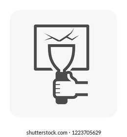 Concrete crack repair vector icon. Include hand worker, trowel may called spatula putty knife or scraper. Plaster by filler, cement, epoxy for wall, floor, ceiling and basement of home house building
