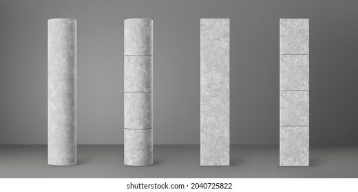 Concrete cylinder and square columns set isolated on grey background. Realistic cement 3d pillar for modern room interior or bridge construction. Vector textured concrete pole base for banner