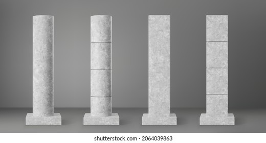 Concrete cylinder and square columns set with rectangular plinth isolated on grey background. Realistic cement 3d pillar for modern room interior or bridge construction. Vector concrete pole base