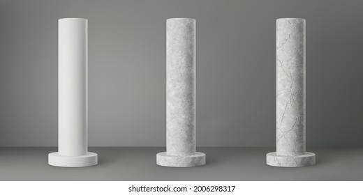 Concrete cylindrical columns with cracks set isolated on grey background. Realistic cement 3d pillar for modern room interior or bridge construction. Vector textured concrete pole base for billboard