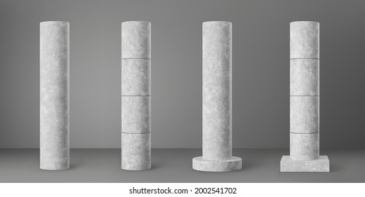 Concrete cylindrical columns set isolated on grey background. Realistic cement 3d pillar for modern room interior or bridge construction. Vector textured concrete pole base for banner or billboard
