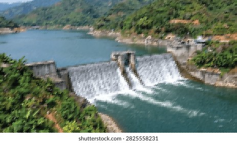 Concrete dam structure with flowing water in mountain landscape scenery view. Industrial hydroelectric power plant surrounded by hills and lush forest trees.