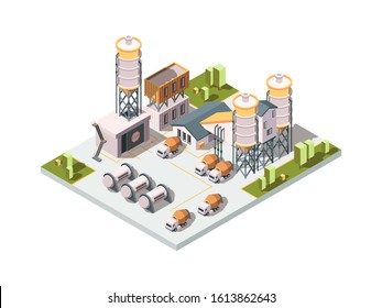 Concrete factory. Machinery manufactory production industrial concept cement mixer machine and tanks vector isometric