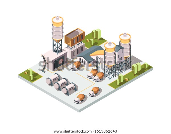 Concrete\
factory. Machinery manufactory production industrial concept cement\
mixer machine and tanks vector\
isometric