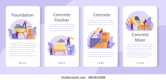 Juego de banners de aplicación móvil de crete finisher builder. Trabajador profesional preparando hormigón con herramientas y cemento. Proceso de construcción de viviendas. Ilustración vectorial plana aislada