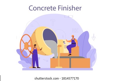 Constructor de acabado de hormigón. Trabajador profesional preparando hormigón con herramientas y cemento. Proceso de construcción de viviendas. Ilustración vectorial plana aislada