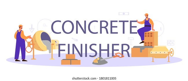 Encabezado tipográfico del constructor de acabado concreto. Trabajador profesional preparando hormigón con herramientas y cemento. Proceso de construcción de viviendas. Ilustración vectorial plana aislada