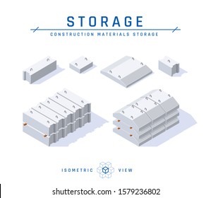 Concrete foundation storage concept, isometric view. Set of icons for architectural designs. Vector illustration isolated on a white background in flat style. Construction products collection.