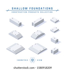 Concrete foundations, isometric view. Set of icons for architectural designs. Vector illustration isolated on a white background in flat style. Construction products collection.