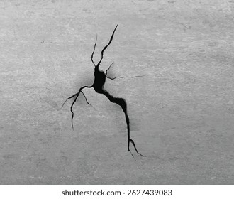 Concrete gray wall with cracks and hole vector illustration. Realistic deterioration effect. Rough texture. Damaged surface viewed from above. Erosion or drought.