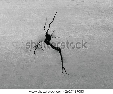 Concrete gray wall with cracks and hole vector illustration. Realistic deterioration effect. Rough texture. Damaged surface viewed from above. Erosion or drought.