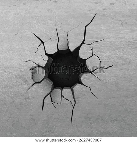 Concrete gray wall with hole and crack. Realistic texture with damage. Destruction effect. Surface fracture. Earthquake. Erosion or drought. Vector illustration.