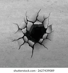 Concrete gray wall illustration with hole and cracks. Damaged effect. Rough surface texture. Fault. Background with holes viewed from above. Earthquake, broken ground. Construction, ruins concept.