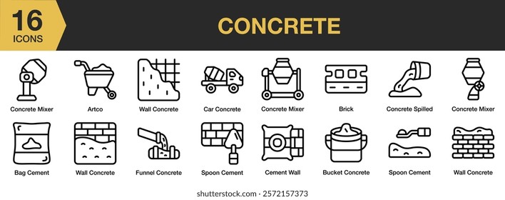 Concrete icon set. Includes concrete, wall, floor, cement, architecture, stone, and More. Outline icons vector collection.
