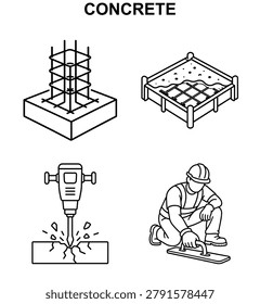 Concrete icon set with rebar foundation, formwork slab, jackhammer breaking pavement, and worker leveling wet cement vector illustration