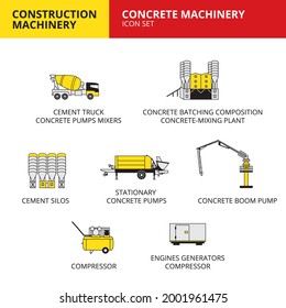 Concrete machinery vehicle and transport car construction machinery icons set vector