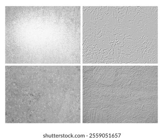 Concrete or marbled grunge texture vector set. Monochrome speckled cement or stucco textured background. Ceramic tile floor, pargeting overlay effect. Realistic white wall with grainy effect