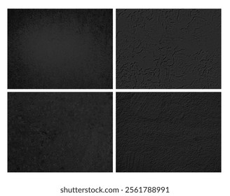 Concrete or marbled grunge texture vector set. Monochrome speckled cement or stucco textured background. Ceramic tile floor, pargeting overlay effect. Realistic black wall with grainy effect