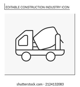  Concrete mixer car line icon. Transport trucks maintain a material liquid state.Building material. Construction industry concept. Isolated vector illustration. Editable stroke